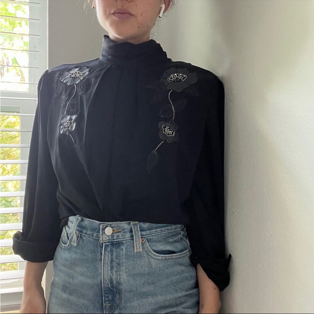 Vintage Black floral embroidered top mock neck